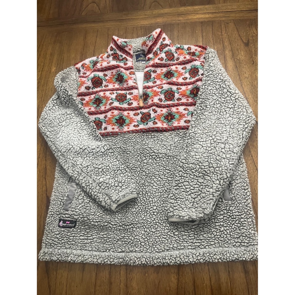 Simply Southern Grey Sherpa Fleece Quarter Zip Southwestern Turtle Pullover XL